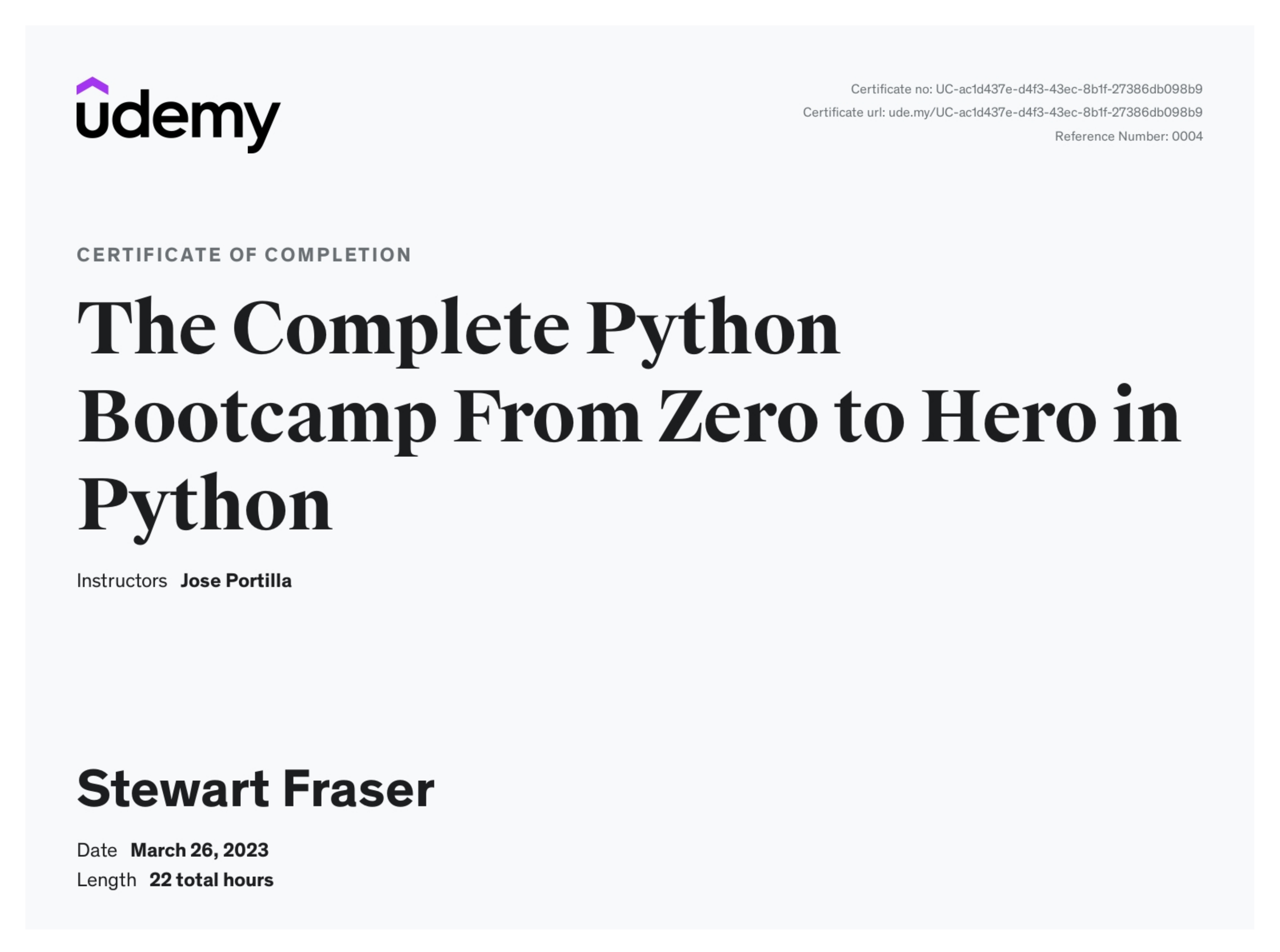 Python Udemy Certificate